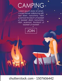 Cartoon Poster Inviting Join to Rest in Forest. Flat Woman Rest Reading Book while Sitting at Bonfire. Camping at Night under Starry Sky. Peace and Quiet Offer. Vector Illustration with Promo Text