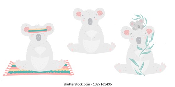 Cartoon poster with koala, flat vector illustration art. Koala is doing yoga, meditating.