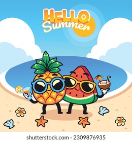 Cartoon poster pineapple and watermelon holiday summer illustration