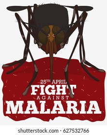 Cartoon poster with realistic front view of mosquito in cartoon style over red sign for World Malaria Day commemoration in April 25.