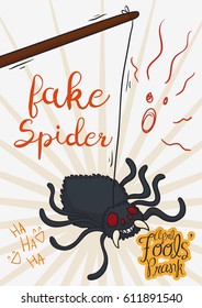 Cartoon poster with rope holding a fake spider ready to scare people in April Fools' Day.