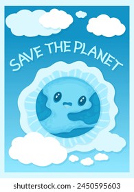 Cartoon poster save the planet. Vector illustration for graphic and web design, business presentation, marketing and print material. Earth day card concept.