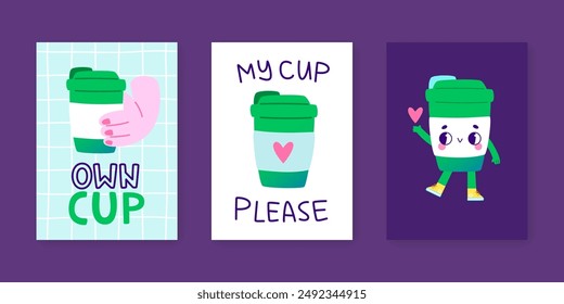 Cartoon poster set with reusable cup. Flyers collection with cute mug. Vector banners for coffee to go.