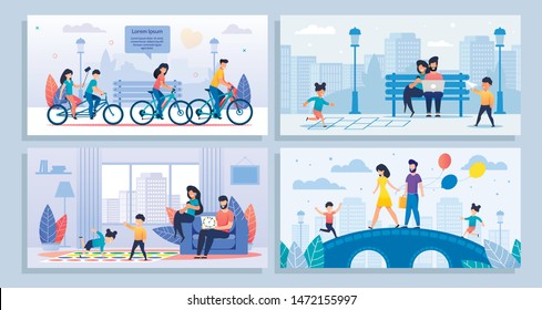 Cartoon Poster Set. Various Family Activities at Home, Outdoors. Happy Parents and Children on Walk, Ride Bicycles, Play Games. Mother, Father, Son, Daughter. Leisure, Sport. Vector Flat Illustration svg