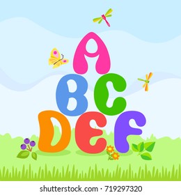 Cartoon poster with six letters of alphabet / Letters a, b, c, d, e and f like the mounting on the nature background
