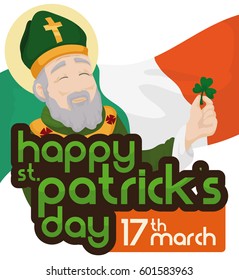 Cartoon poster with smiling Saint Patrick holding a clover and celebrating his day over a waving Ireland flag.