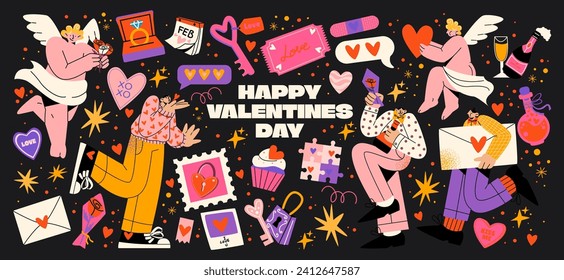 Cartoon poster for St. Valentine's Day on February 14 in retro 90s style. Romantic elements, love envelope, hearts,love, gifts. Vector shapes big set.	