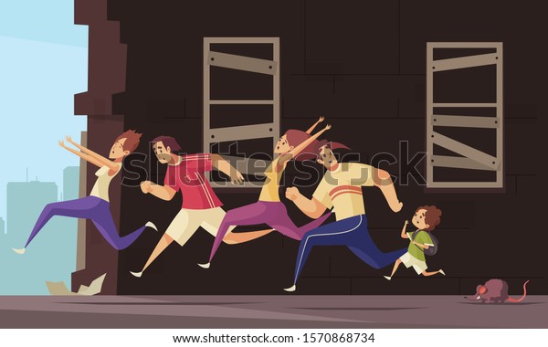 Cartoon poster with terrified people running\
away from rat against background of wooden house with boarded up\
windows vector\
illustration