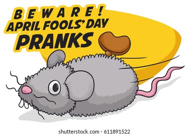 Cartoon poster with traditional prank for April Fools' Day: fake mouse wind-up toy.