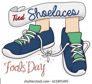 Cartoon poster with traditional prank for Fools' Day: tied shoelaces.