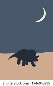 Cartoon poster with triceratops silhouette. Dinosaur shadow illustration. Dino abstract print. Minimalist Dinosaur.