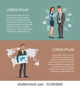 Cartoon poster vector illustration. Banners for your web design in business style. Template for your text. Business characters set.