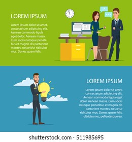 Cartoon poster vector illustration. Banners for your web design in business style. Template for your text. Business characters set.