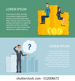 Cartoon poster vector illustration. Banners for your web design in business style. Template for your text. Business characters set.