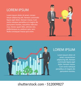 Cartoon poster vector illustration. Banners for your web design in business style. Template for your text. Business characters set.