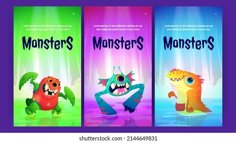 Cartoon posters with cute monsters, invitation flyers template for kids Halloween party or performance with funny characters, aliens, strange animals or creatures spooky personages, Vector banners set