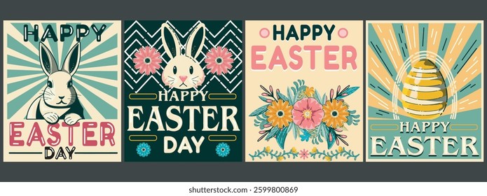 Cartoon posters of easter in 90s style. Rabbits, eggs, flowers, decorations, rainbow, colorful. Happy easter day aesthetics in funky groovy style