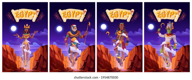 Cartoon posters with Egyptian gods Amun Ra, Horus, Pharaoh and queen Cleopatra. Ancient Egypt deities in royal clothes holding divine power staffs floating in air above rocks, vector illustration