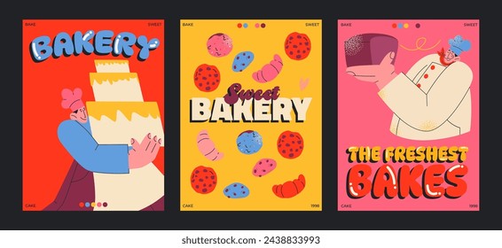 Cartoon posters of fresh baked goods with baker characters. Bright banners with hot baked goods: bottles, cookies, croissants, bread, dough. Mascots in aprons, pastry chefs in working uniform.