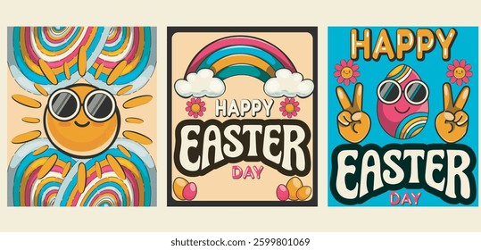 Cartoon posters with a retro 90s aesthetic. Sun, eggs, flowers, rainbow, colorful. Happy easter day in funky groovy style