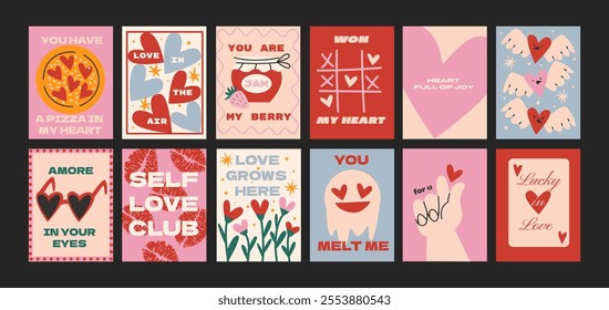 Cartoon posters for St. Valentine's Day on February 14 in retro 90s style. Romantic elements, love envelope, hearts,love, gifts. Vector banners set.	
