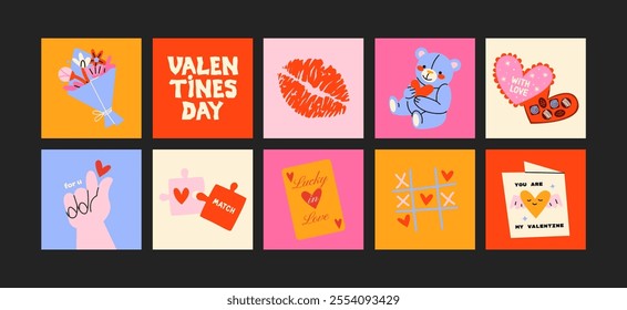 Cartoon posters for St. Valentine's Day on February 14 in retro 90s style. Romantic elements, love envelope, hearts,love, gifts. Vector stickers shapes set.	