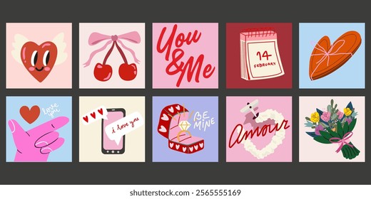 Cartoon posters for St. Valentine's Day in retro cute style. Set of romantic elements for Valentines day, hearts, a bouquet, gift elements, gold wedding ring, chocolates