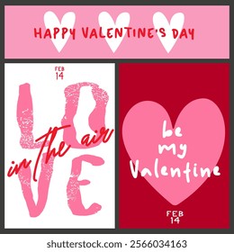 Cartoon posters for St. Valentine's Day in retro style. Set of romantic elements for Valentines day, hearts, gift elements, wedding ring. February 14 design concept. Vector posts on social networks