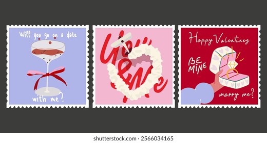 Cartoon posters for St. Valentine's Day in retro style. Set of romantic elements for Valentines day, hearts, gift elements, wedding ring. February 14 design concept. Vector posts on social networks