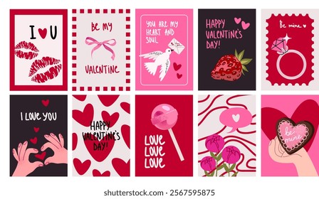 Cartoon posters for St. Valentine's Day in trendy retro style. Hand drawn hearts, sweets, love, gifts. Cute simple poster, greeting card, cover. 