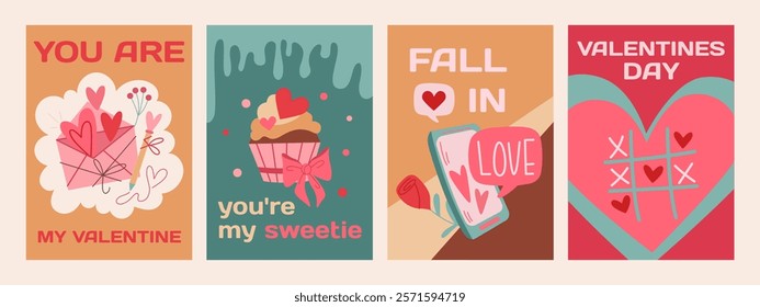 Cartoon posters for Valentine's Day February 14 in retro 90's style. Romantic elements, love envelope, valentine, hearts, love, gifts. Set of vector stickers in pastel colors.