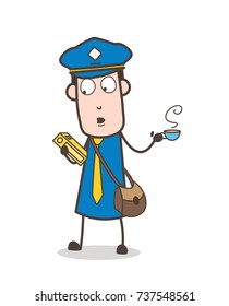 Cartoon Postman with Book and Coffee Vector