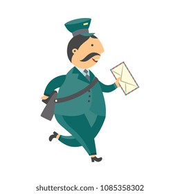 Cartoon postman cheerful character running holding letter or mail and shouder bag. Man in professional green uniform peaked cap. Delivery service worker, mailman. Vector illustration