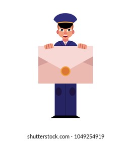 Cartoon postman cheerful character standing smiling holding big letter or mail. Man in professional blue uniform peaked cap. Delivery service worker, mailman. Vector illustration