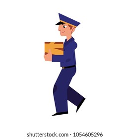 Cartoon postman cheerful character standing holding big parcel box. Man in professional blue uniform peaked cap. Delivery service worker, mailman. Vector illustration