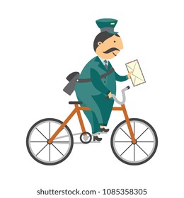 Cartoon postman cheerful character standing delivering parcel box by bicycle. Man in professional green uniform peaked cap. Delivery service worker, mailman. Vector illustration