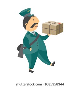 Cartoon postman cheerful character standing holding big parcel box. Man in professional green uniform peaked cap. Delivery service worker, mailman. Vector illustration