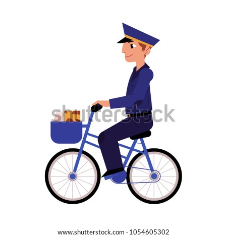 Cartoon postman cheerful character standing delivering parcel box by bicycle. Man in professional blue uniform peaked cap. Delivery service worker, mailman. Vector illustration