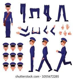 Cartoon postman creation set. Male character in professional uniform in various poses, gestures facial expressions. Cheerful delivery worker running standing walking. Vector illustration