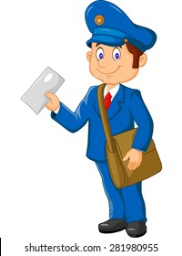 Cartoon Postman Holding Mail And Bag