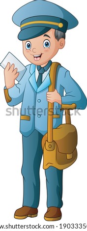 Cartoon postman holding mail and bag