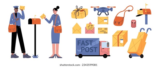 Cartoon postman and mail elements. Postal envelopes and boxes. Sending correspondence. Express delivery tools and transport. Parcels and letters shipping. Post office