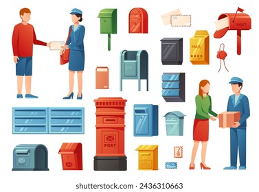 Cartoon postman and mail. Postal service and classic mailboxes, delivery service isolated vector illustration set. Couriers bringing packages and letters to home address. Postbox for messages