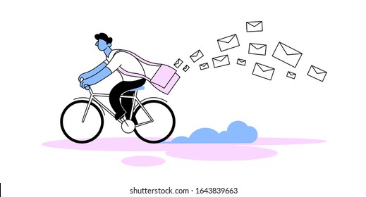 Cartoon postman riding bicycle. Courier character with bag full of letter envelopes rushing on bicycle. Flat style vector illustration. Isolated on white background.