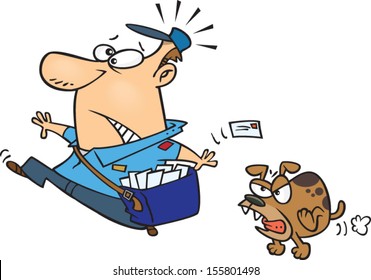 Cartoon postman running away from a dog