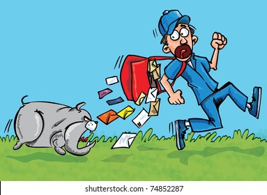 Cartoon postman running away from a dog. He is dropping his letters