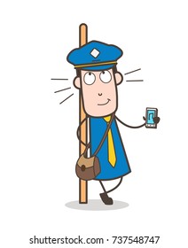Cartoon Postman Showing Music Device