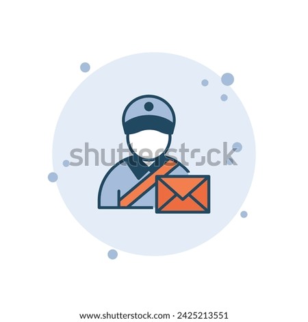 Cartoon postman vector illustration. Mailman on bubbles background. Letter sign concept.