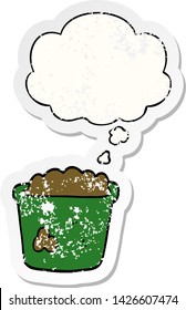 olla de caricatura de tierra con burbuja de pensamiento como pegatina gastada angustiada