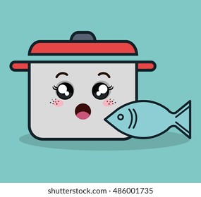 cartoon pot and fish facial expression isolated icon design